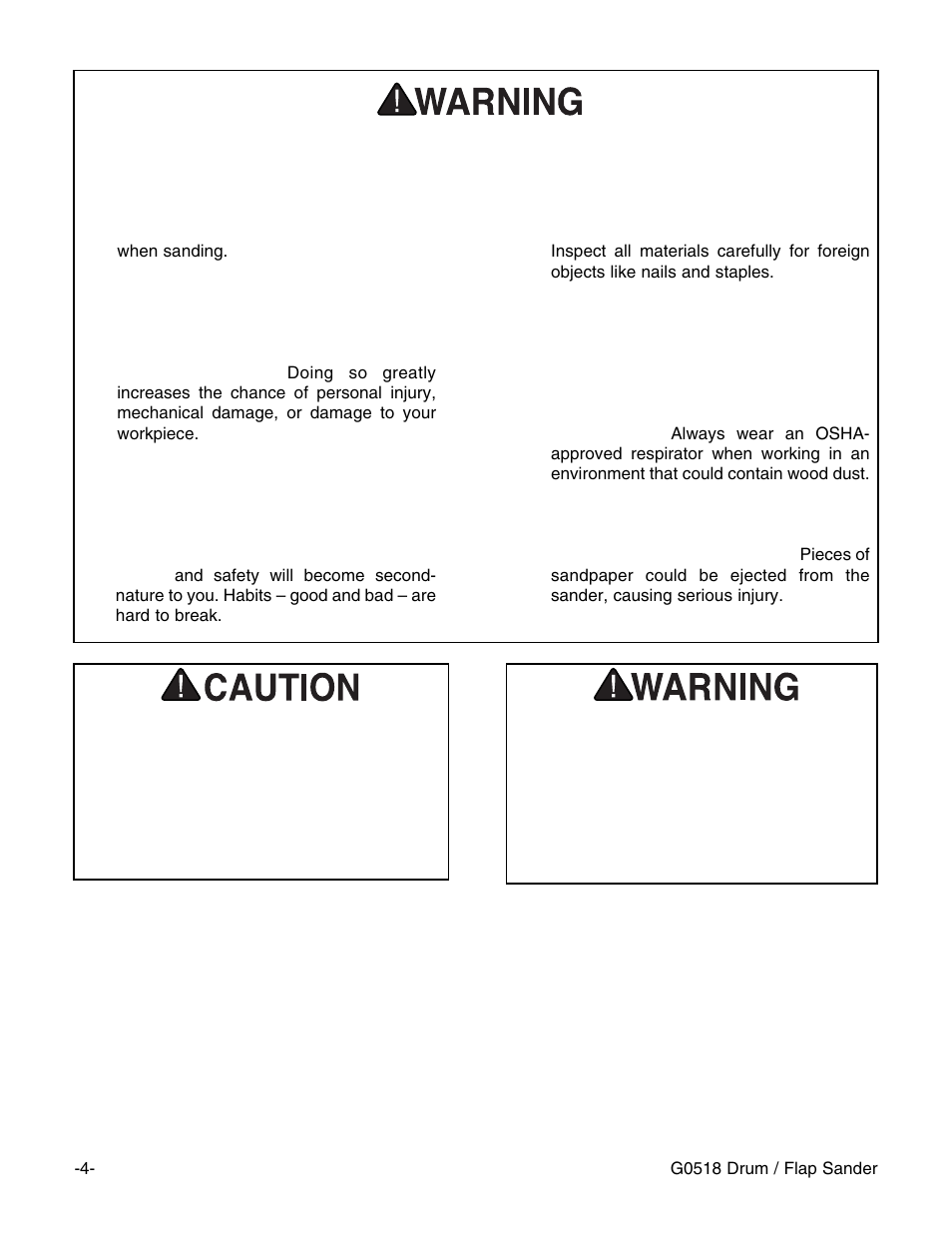 Safety instructions for drum / flap sanders | Grizzly G0518 User Manual | Page 6 / 39