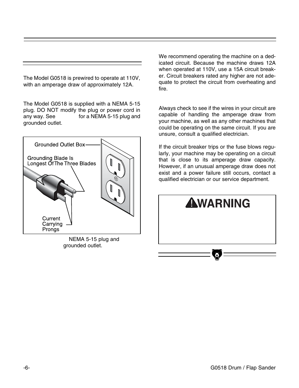 110v operation | Grizzly G0518 User Manual | Page 8 / 39