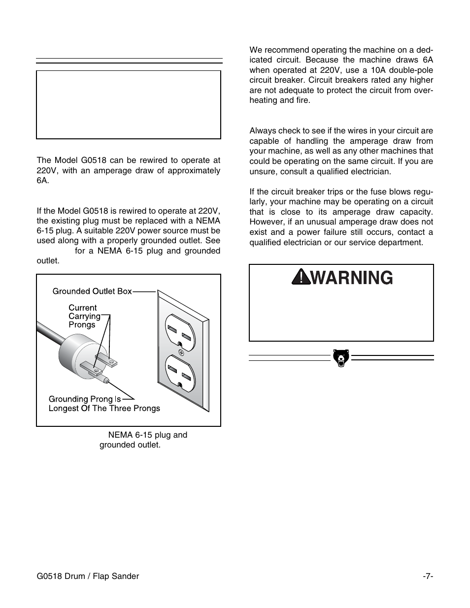 Notice, 220v operation | Grizzly G0518 User Manual | Page 9 / 39