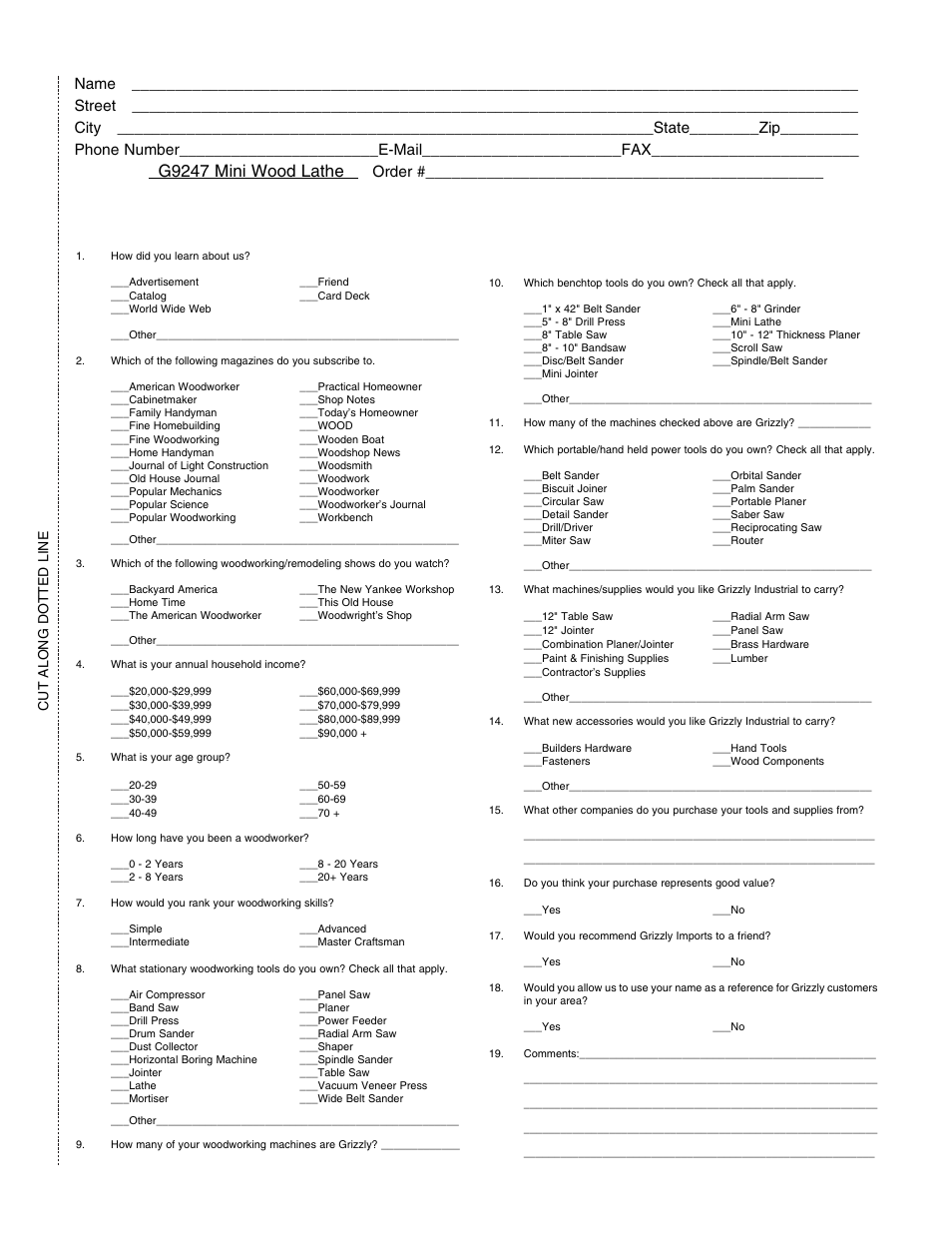 Warranty card, G9247 mini wood lathe, Order | Cut along dotted line | Grizzly G9247 User Manual | Page 13 / 14