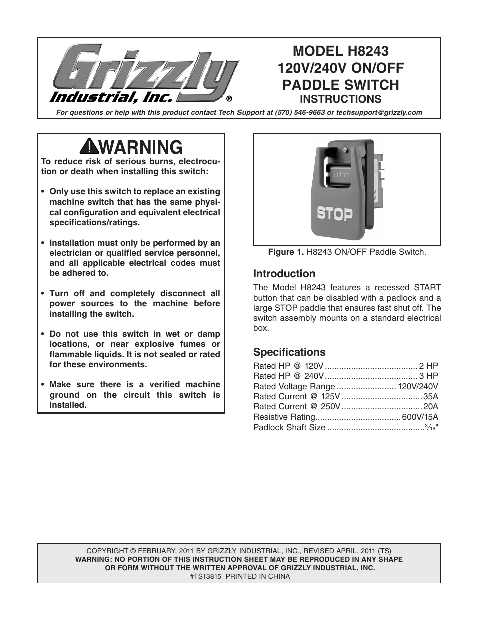 Grizzly H8243 User Manual | 2 pages