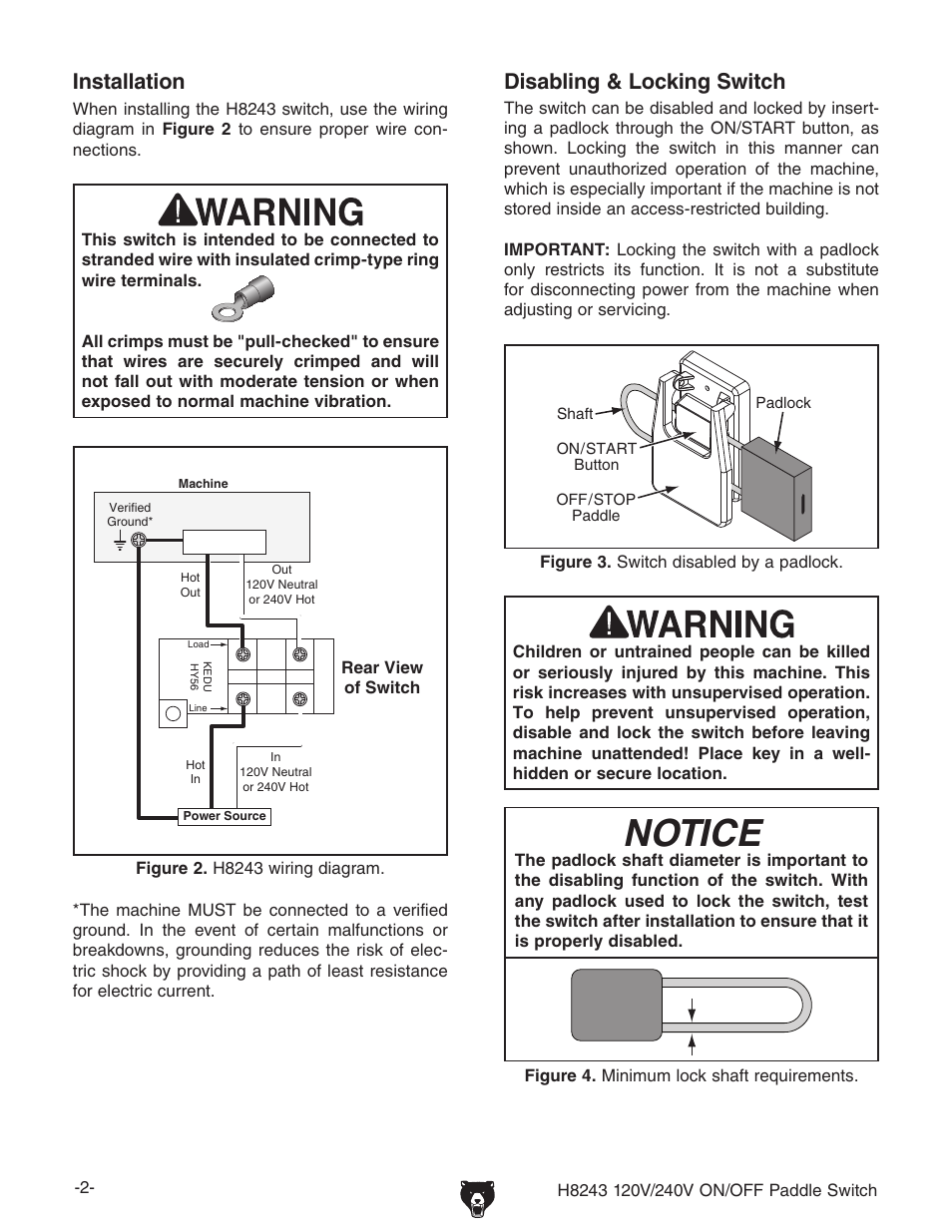 Notice, Disabling & locking switch, Installation | Grizzly H8243 User Manual | Page 2 / 2
