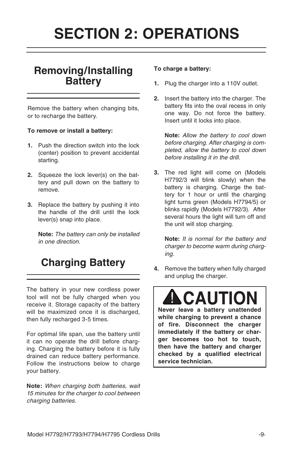 Removing/installing battery, Charging battery | Grizzly H7795 User Manual | Page 11 / 20