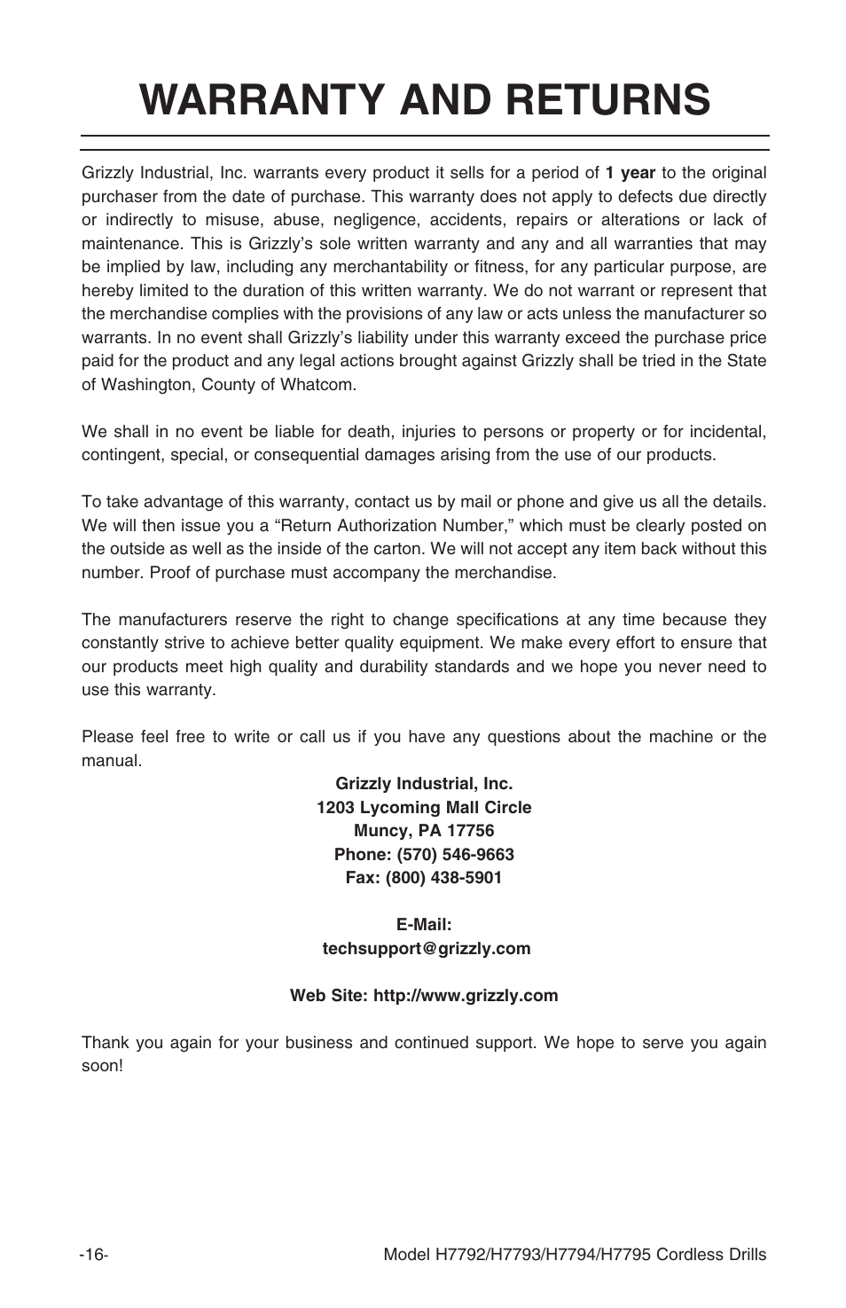 Warranty and returns | Grizzly H7795 User Manual | Page 18 / 20