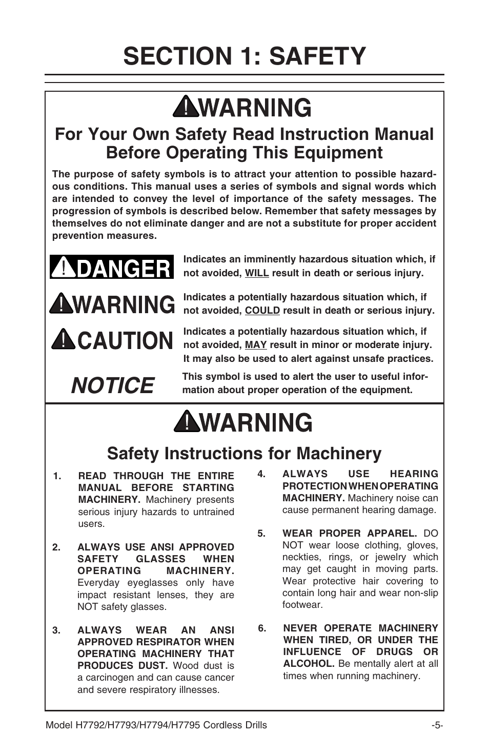 Notice, Safety instructions for machinery | Grizzly H7795 User Manual | Page 7 / 20