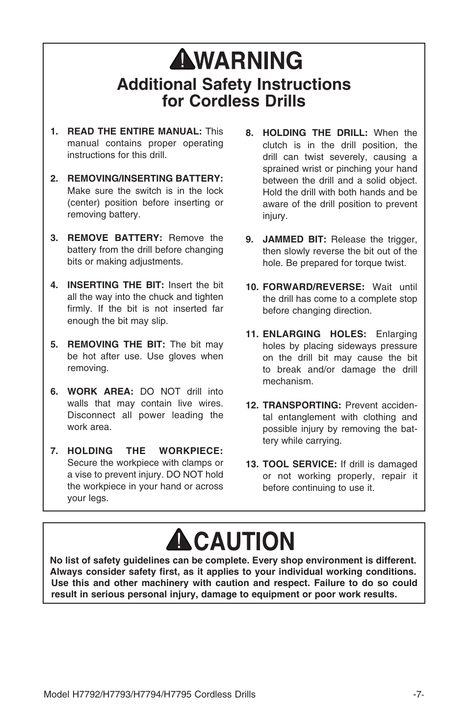 Additional safety instructions for cordless drills | Grizzly H7795 User Manual | Page 9 / 20