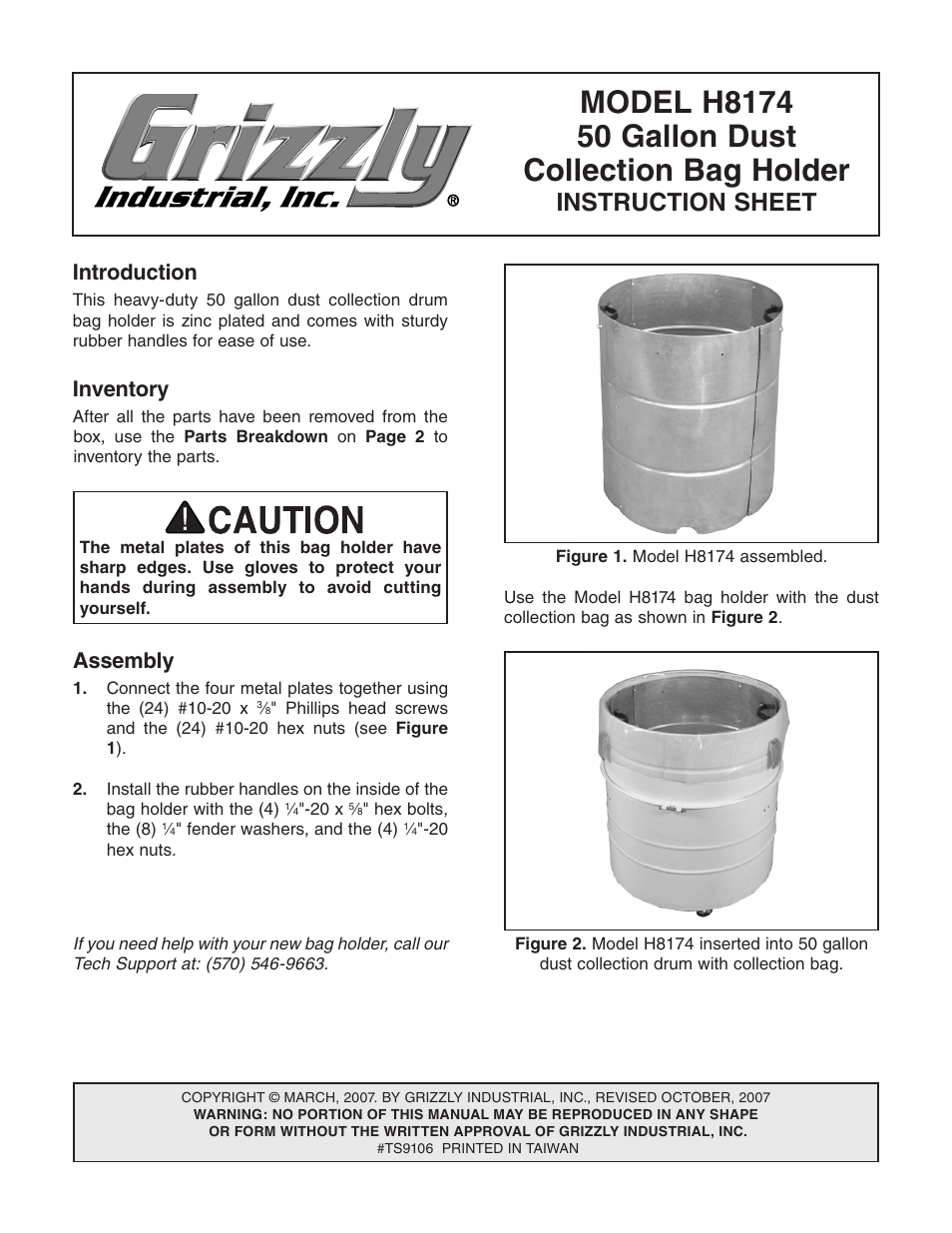 Grizzly 50 Gallon Dust Collection Bag Holder H8174 User Manual | 2 pages