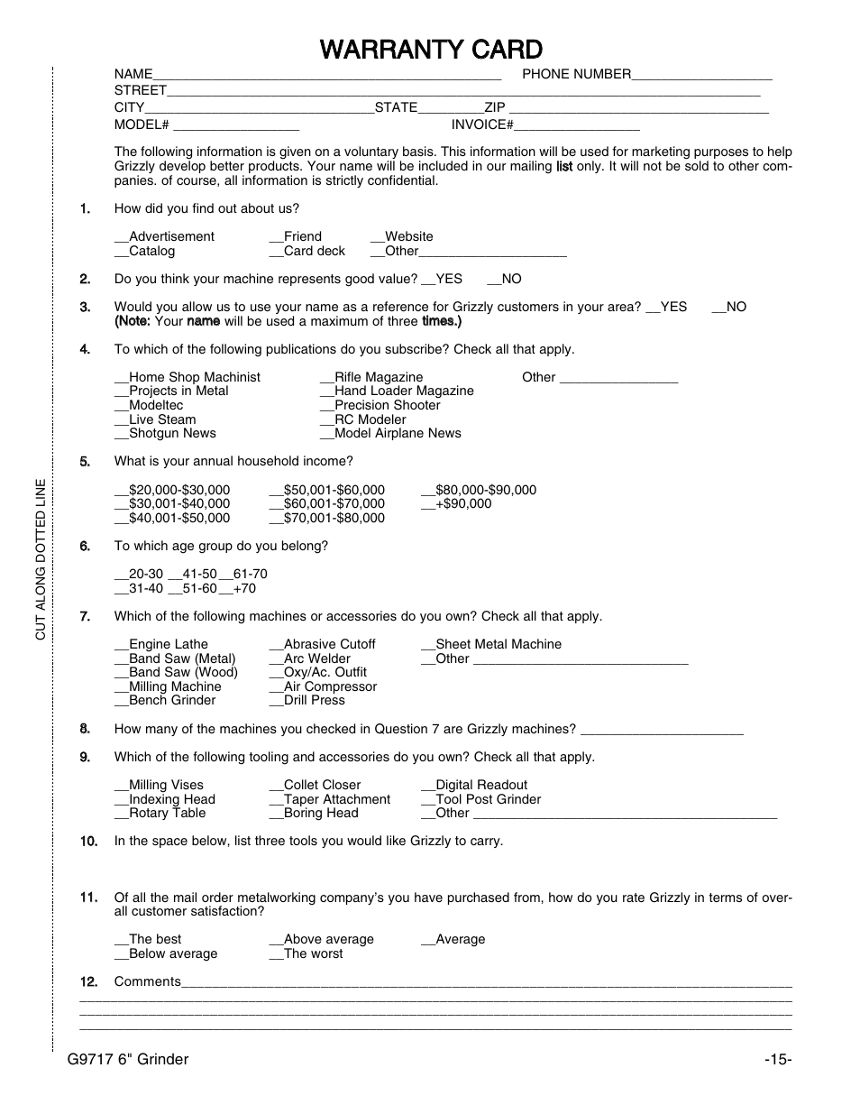 Wwa ar rr ra an nt ty y c ca ar rd d | Grizzly G9717 User Manual | Page 16 / 17