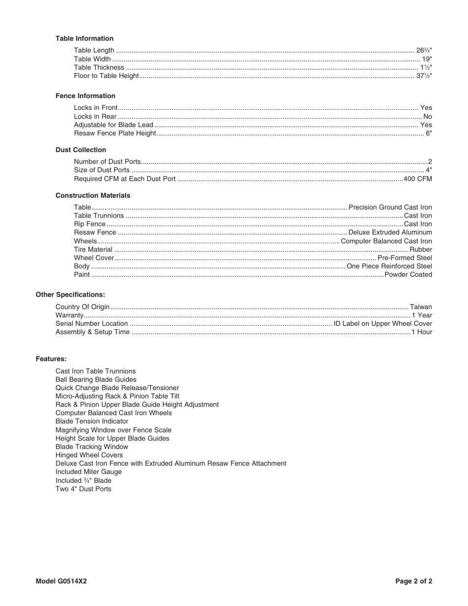 Grizzly G0514X2 User Manual | Page 2 / 2