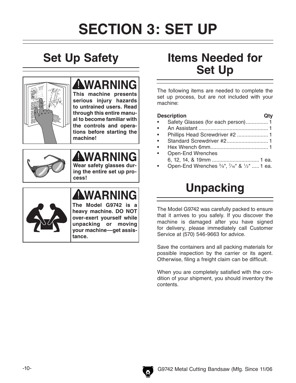 Unpacking set up safety, Items needed for set up | Grizzly G9742 User Manual | Page 12 / 44