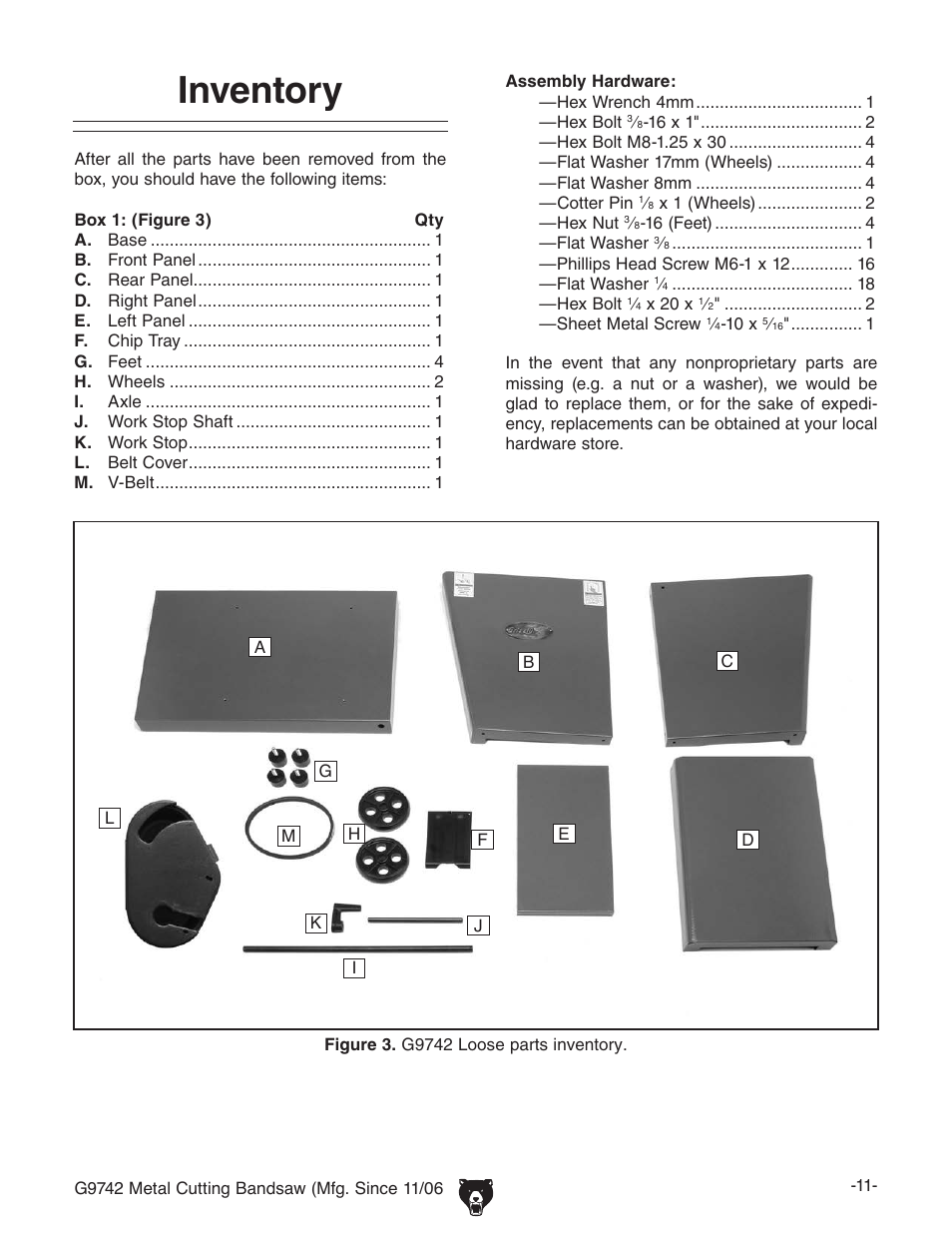 Inventory | Grizzly G9742 User Manual | Page 13 / 44