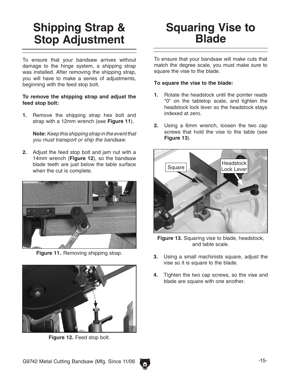 Shipping strap & stop adjustment, Squaring vise to blade | Grizzly G9742 User Manual | Page 17 / 44