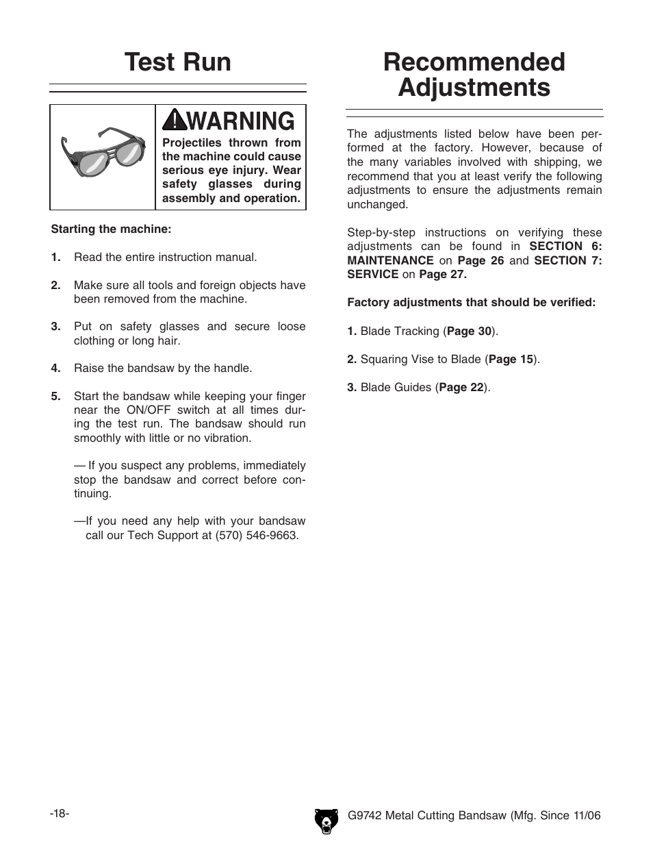 Test run, Recommended adjustments | Grizzly G9742 User Manual | Page 20 / 44