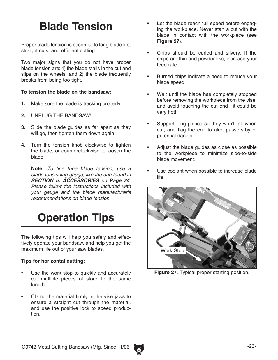 Blade tension, Operation tips | Grizzly G9742 User Manual | Page 25 / 44