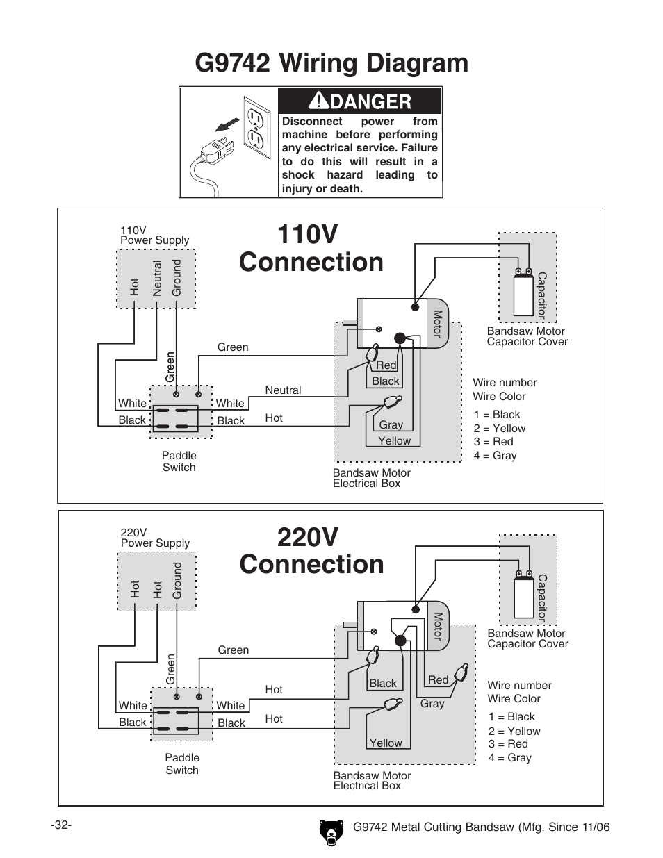 110v connection, 220v connection, G9742 wiring diagram | Grizzly G9742 User Manual | Page 34 / 44