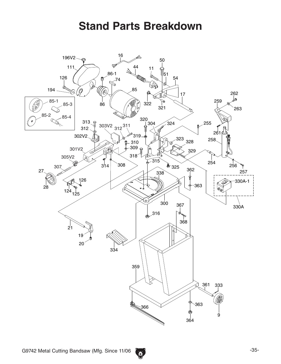 Stand parts breakdown | Grizzly G9742 User Manual | Page 37 / 44