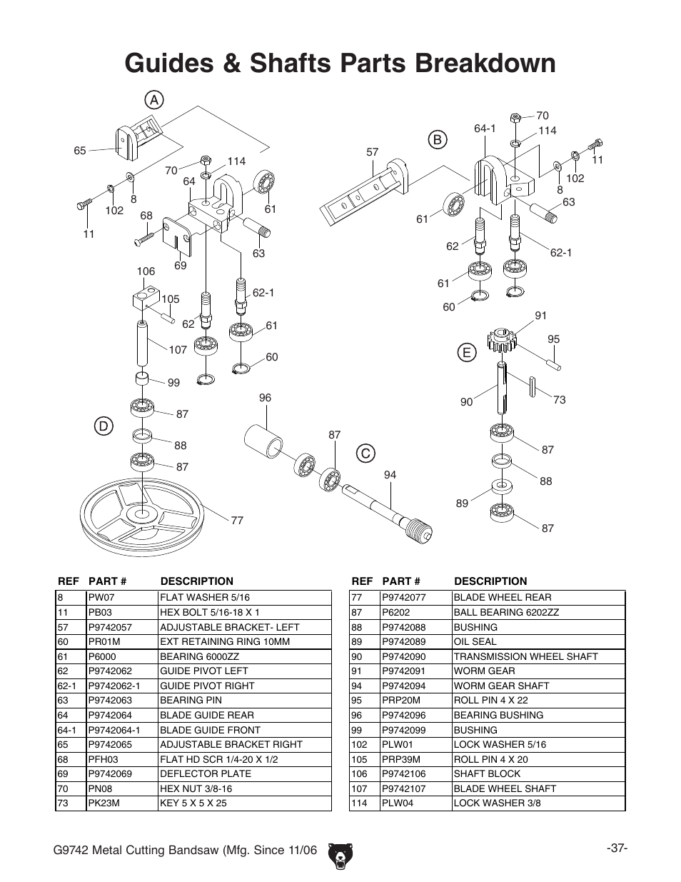 Guides & shafts parts breakdown | Grizzly G9742 User Manual | Page 39 / 44