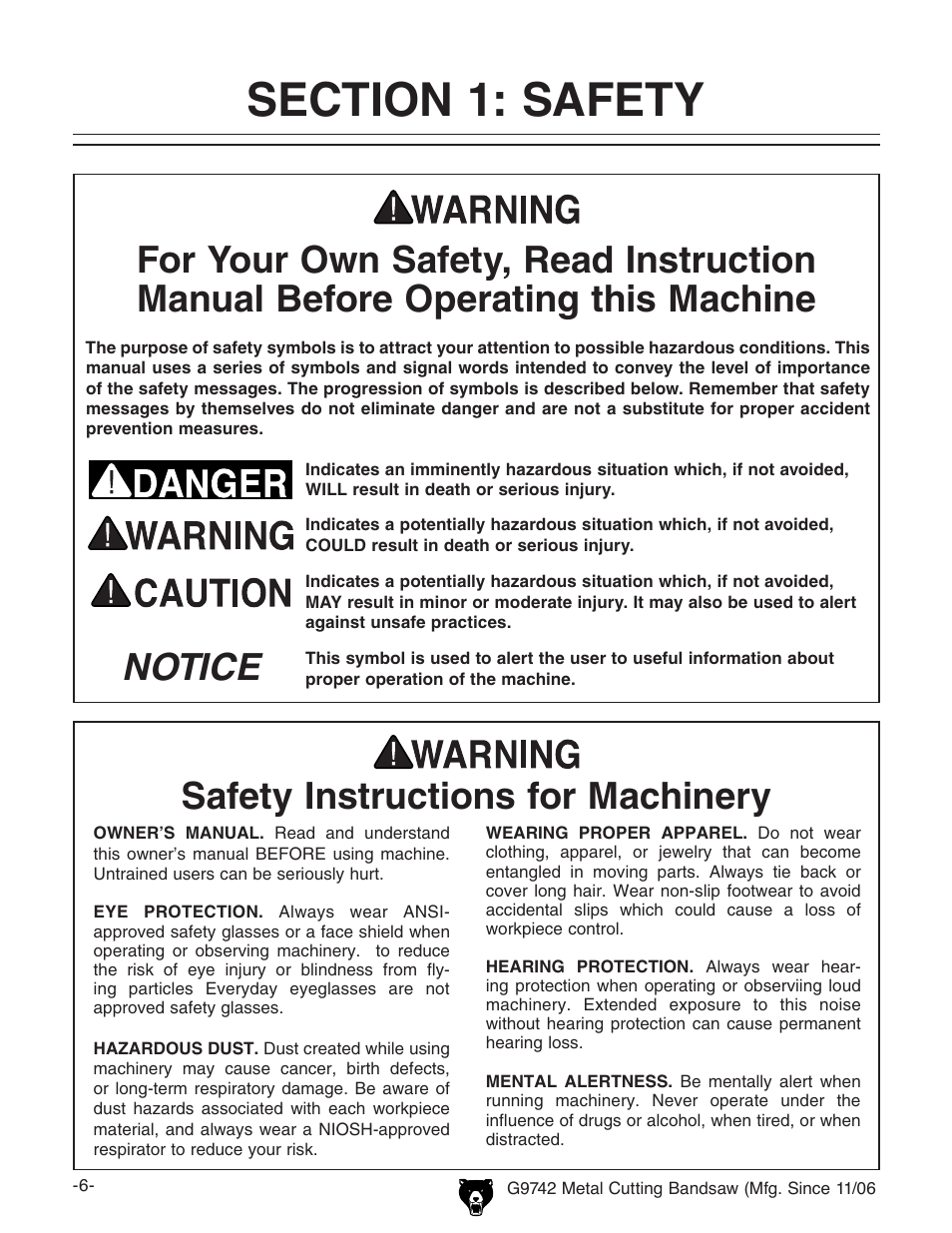 Notice, Safety instructions for machinery | Grizzly G9742 User Manual | Page 8 / 44