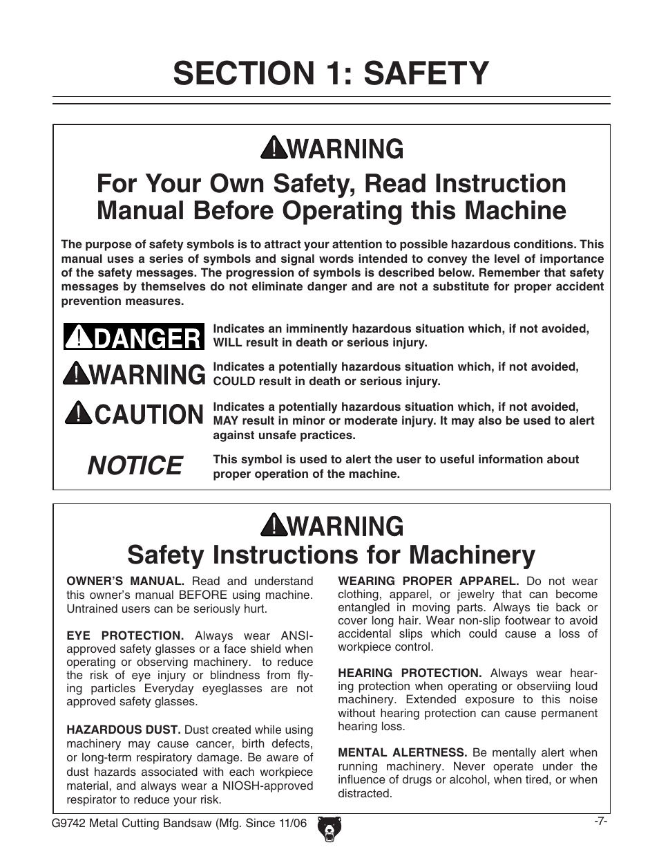 Notice, Safety instructions for machinery | Grizzly G9742 User Manual | Page 9 / 44