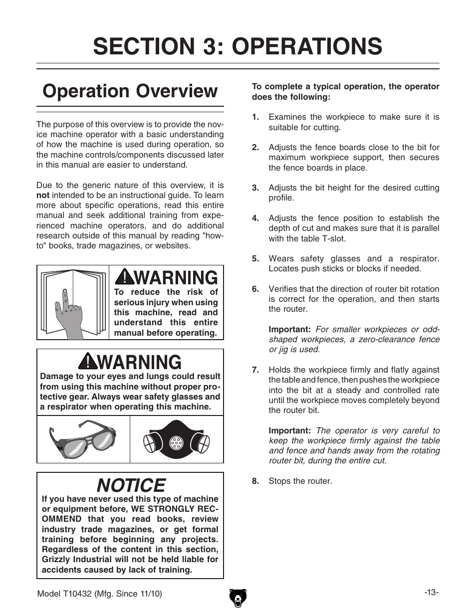 Operation overview, Notice | Grizzly T10432 User Manual | Page 15 / 28