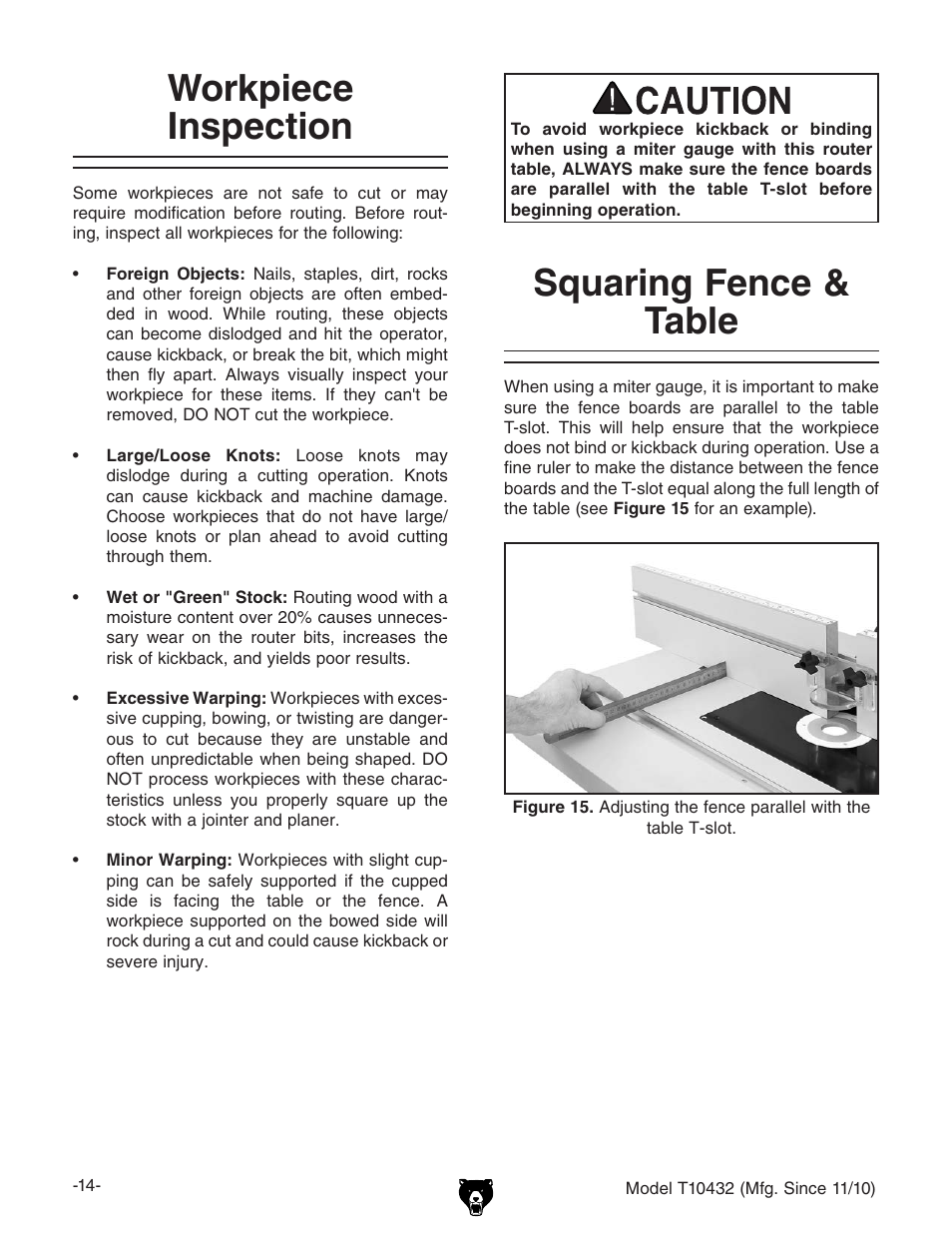 Workpiece inspection, Squaring fence & table | Grizzly T10432 User Manual | Page 16 / 28