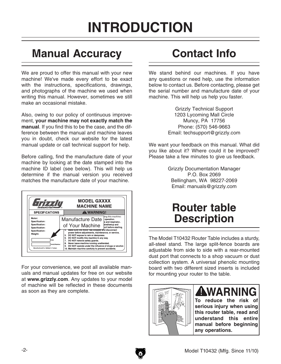 Introduction, Router table description, Contact info | Manual accuracy | Grizzly T10432 User Manual | Page 4 / 28