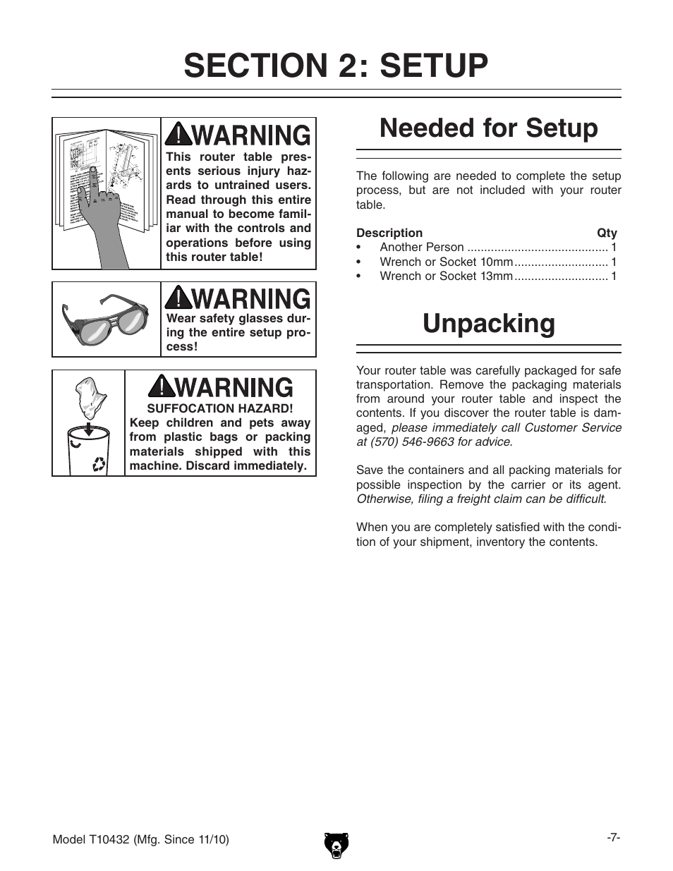 Needed for setup, Unpacking | Grizzly T10432 User Manual | Page 9 / 28