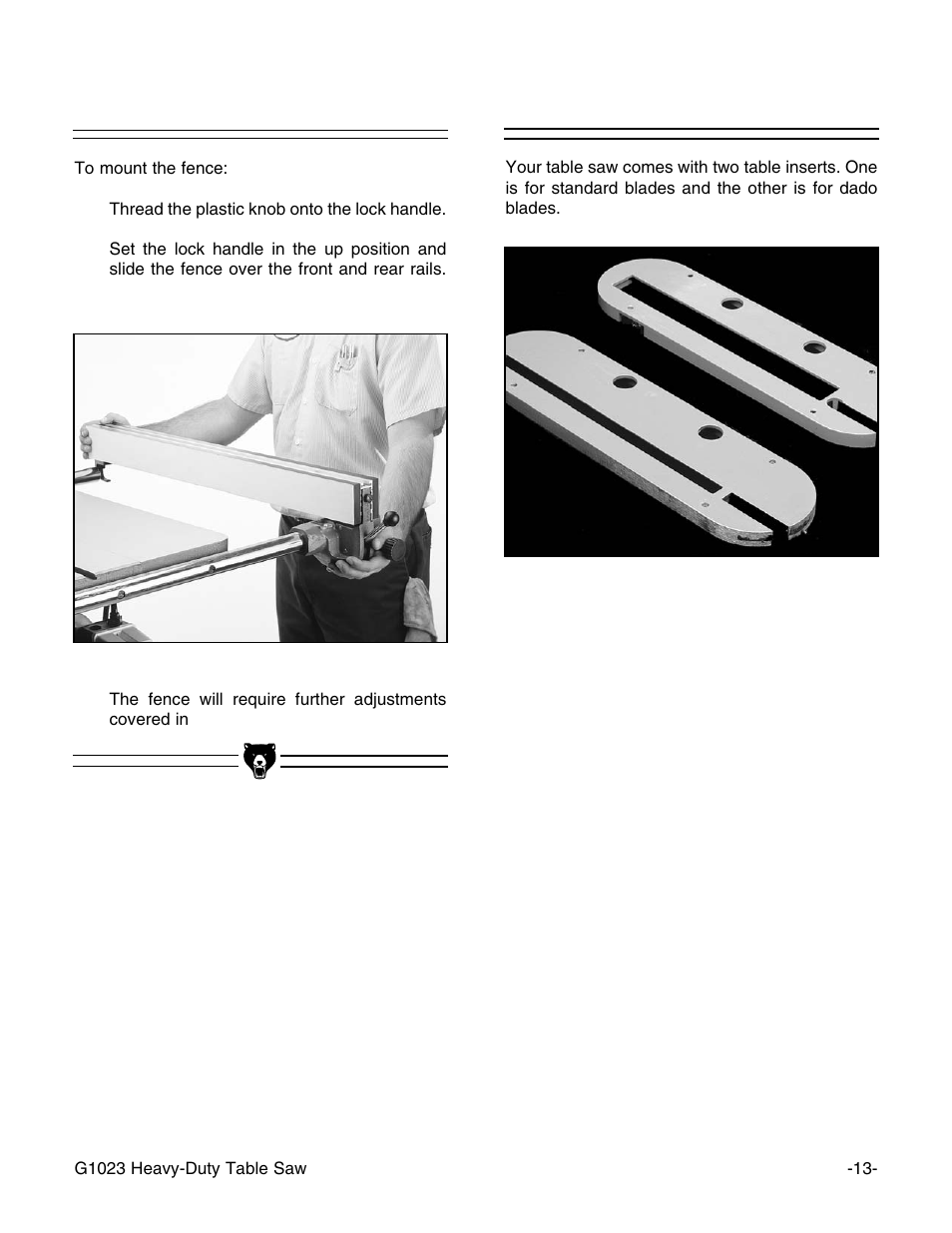 Table inserts, Fence | Grizzly G1023 User Manual | Page 14 / 37