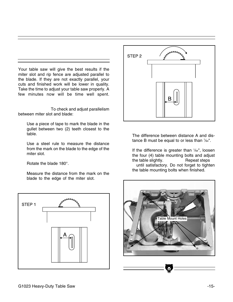 Miter slot to blade | Grizzly G1023 User Manual | Page 16 / 37