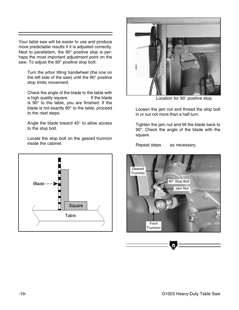 90˚ positive stop | Grizzly G1023 User Manual | Page 17 / 37