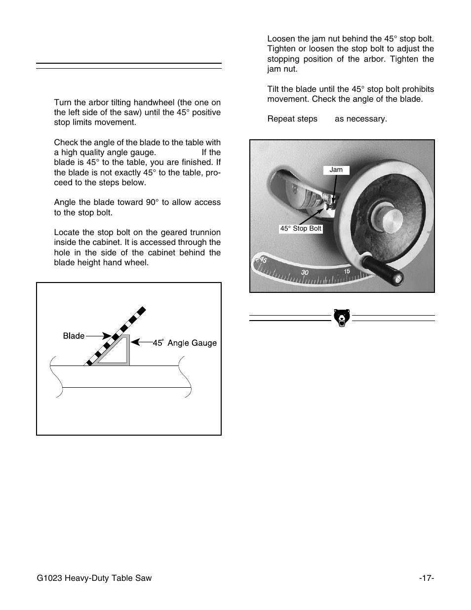 45˚ positive stop | Grizzly G1023 User Manual | Page 18 / 37