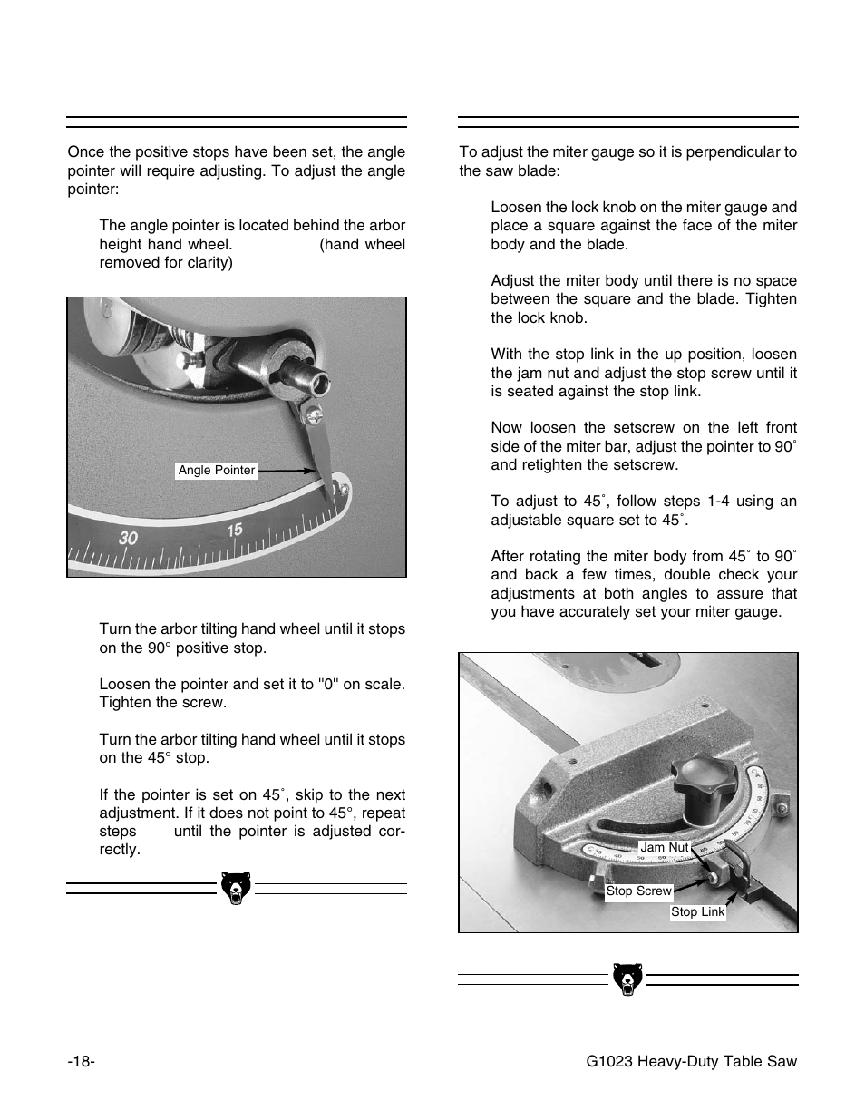 Angle pointer, Miter gauge | Grizzly G1023 User Manual | Page 19 / 37