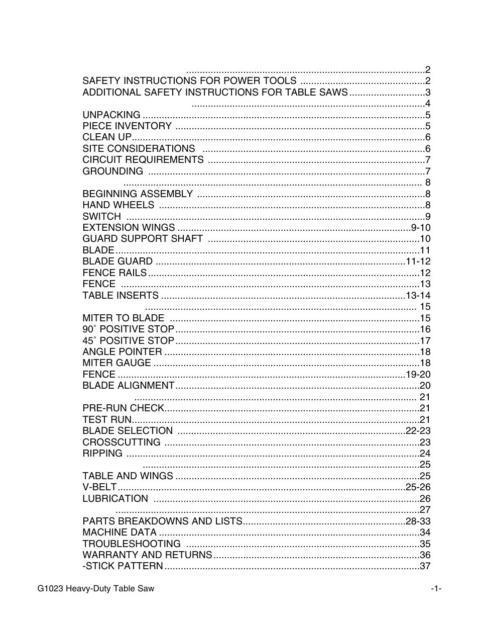 Grizzly G1023 User Manual | Page 2 / 37