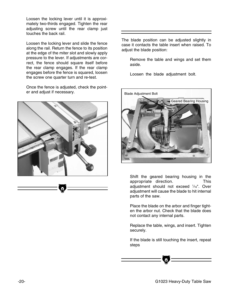 Blade alignment | Grizzly G1023 User Manual | Page 21 / 37