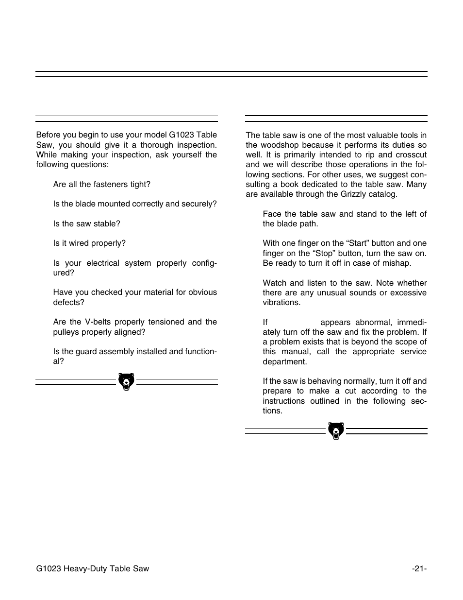 Pre-run check, Test run | Grizzly G1023 User Manual | Page 22 / 37