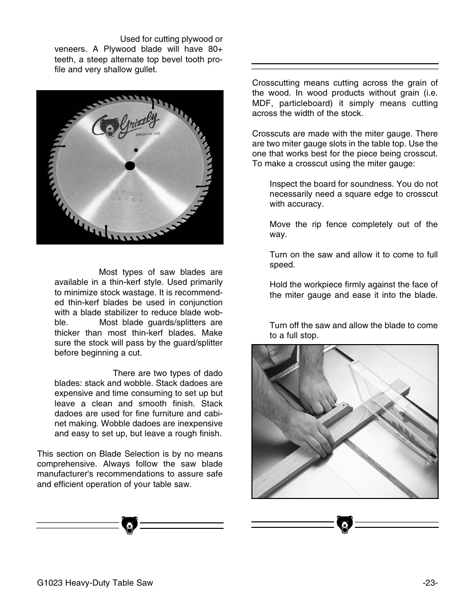 Crosscutting | Grizzly G1023 User Manual | Page 24 / 37