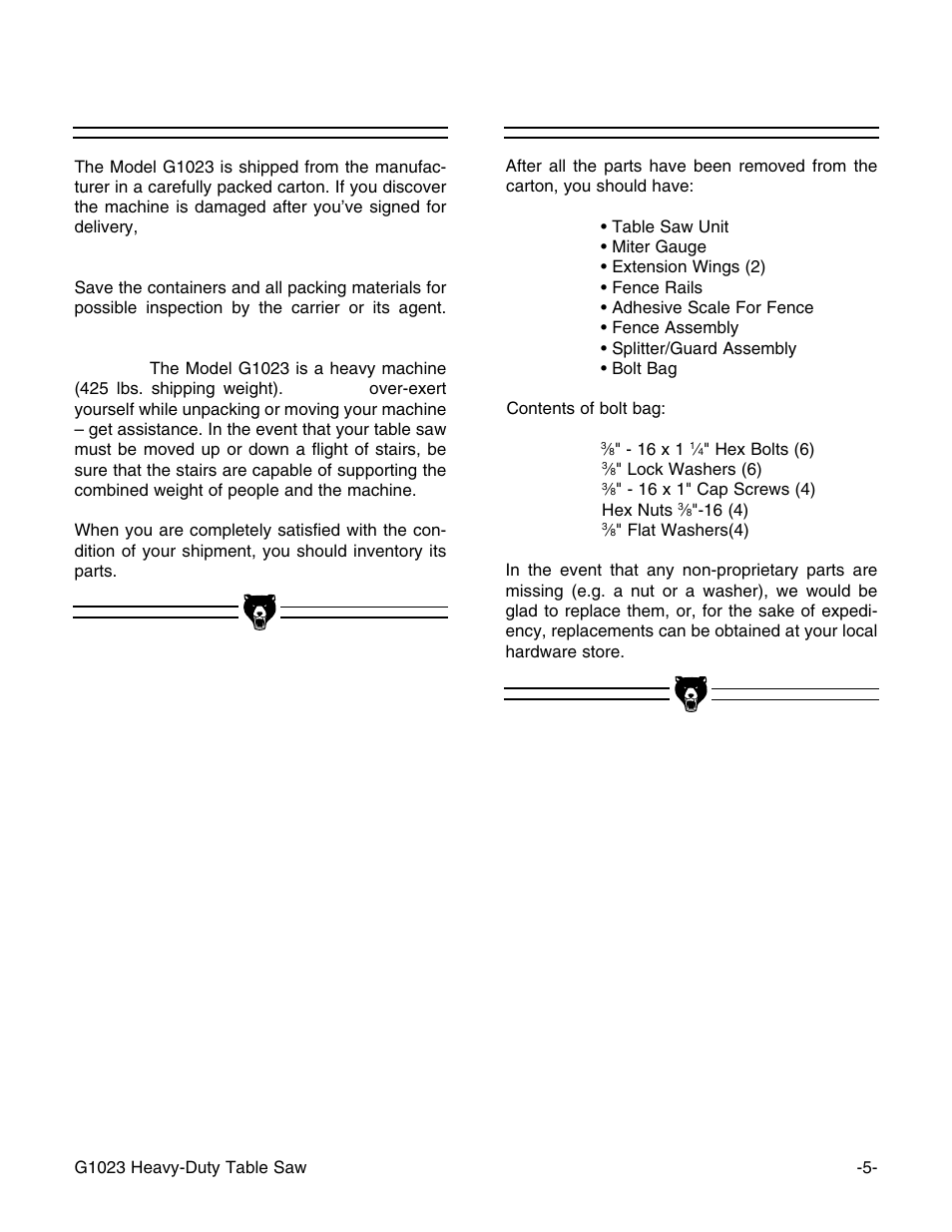 Unpacking, Piece inventory | Grizzly G1023 User Manual | Page 6 / 37