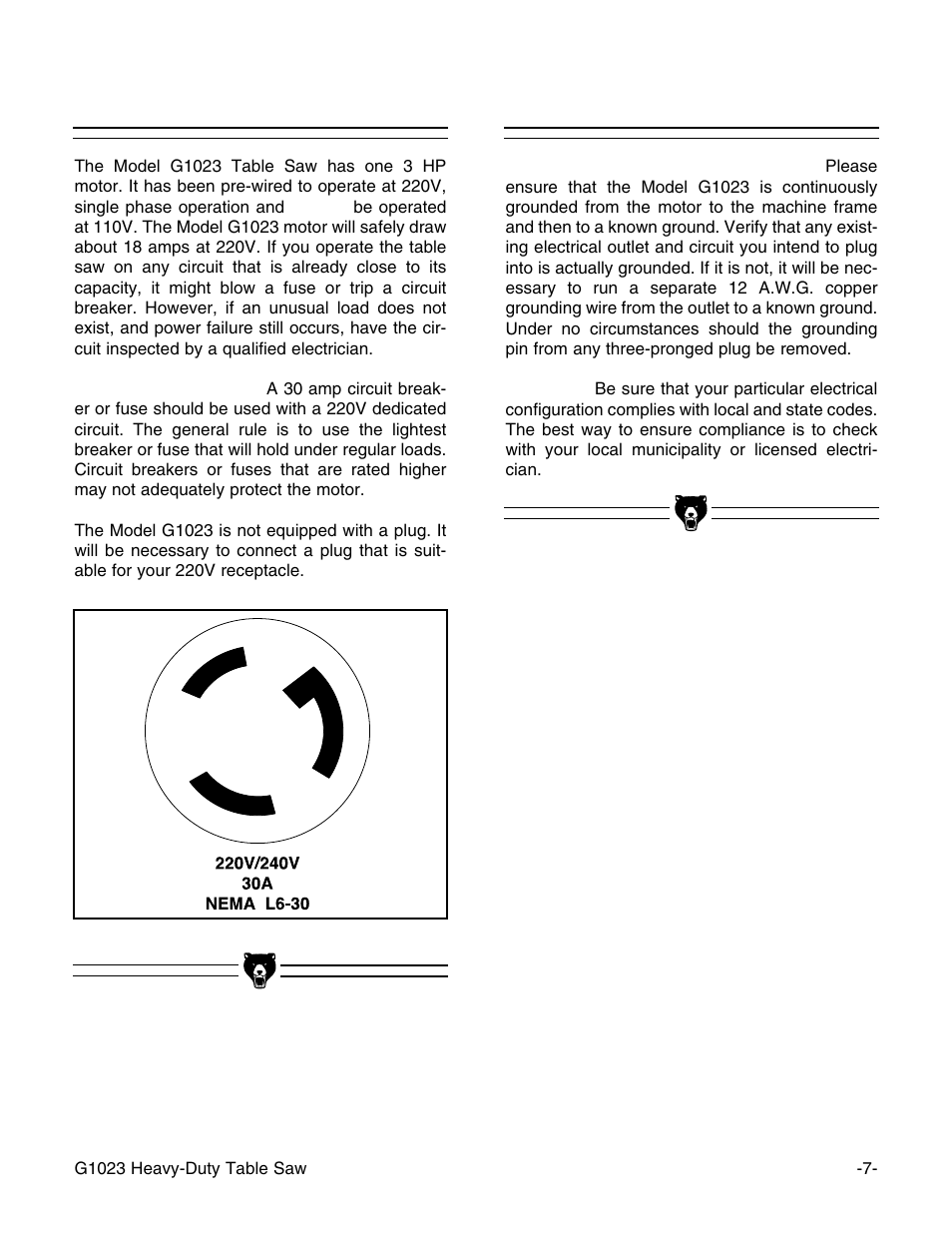 Circuit requirements, Grounding | Grizzly G1023 User Manual | Page 8 / 37