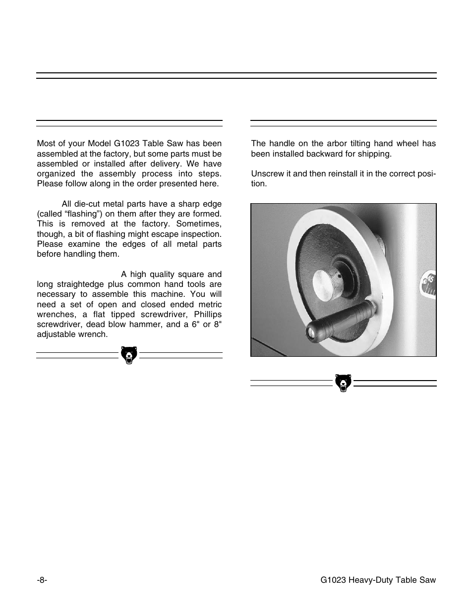 Beginning assembly, Hand wheels | Grizzly G1023 User Manual | Page 9 / 37