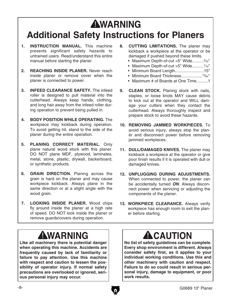 Additional safety instructions for planers | Grizzly G0689 User Manual | Page 10 / 44