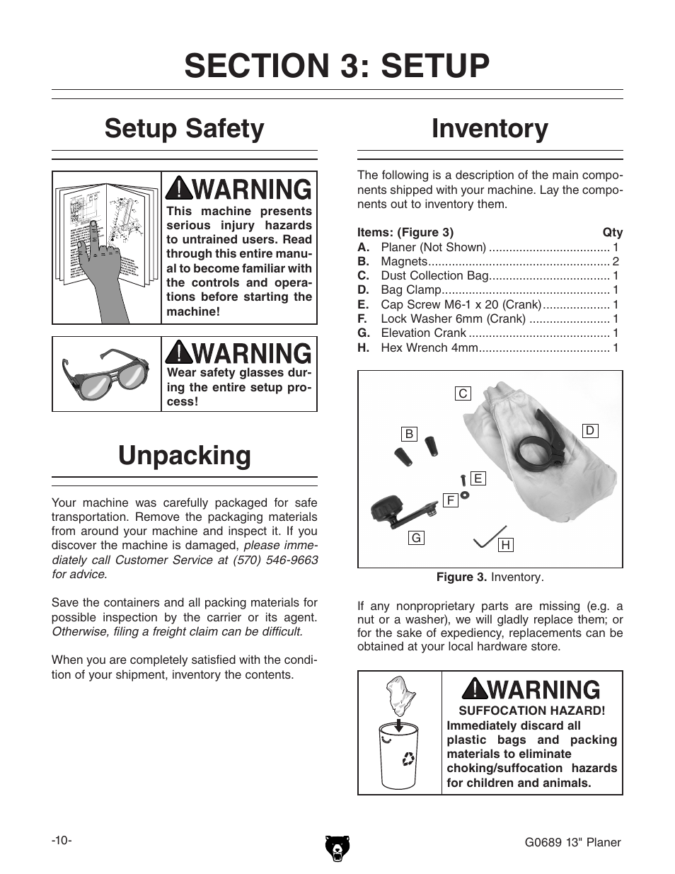 Setup safety, Unpacking inventory | Grizzly G0689 User Manual | Page 12 / 44