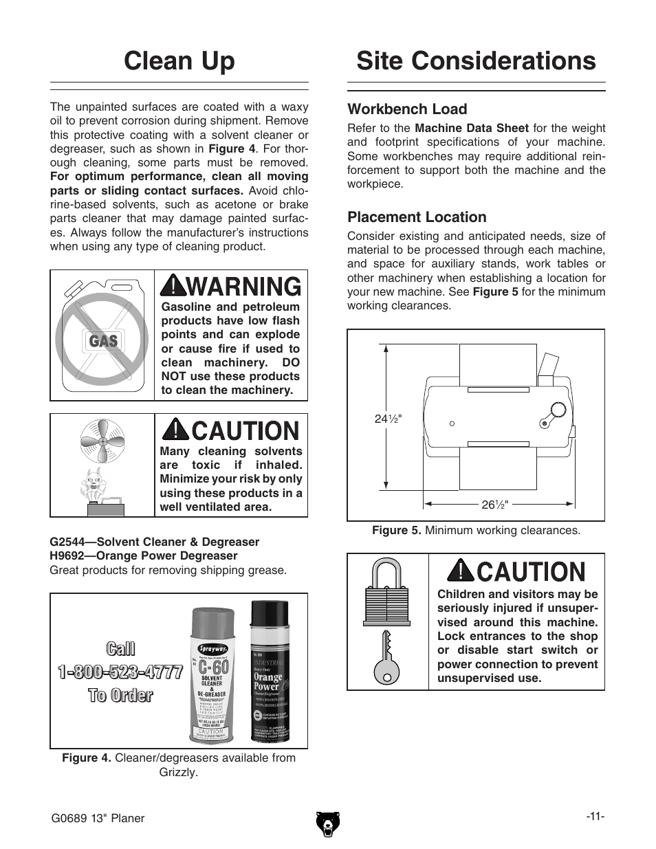 Site considerations, Clean up, Workbench load | Placement location | Grizzly G0689 User Manual | Page 13 / 44