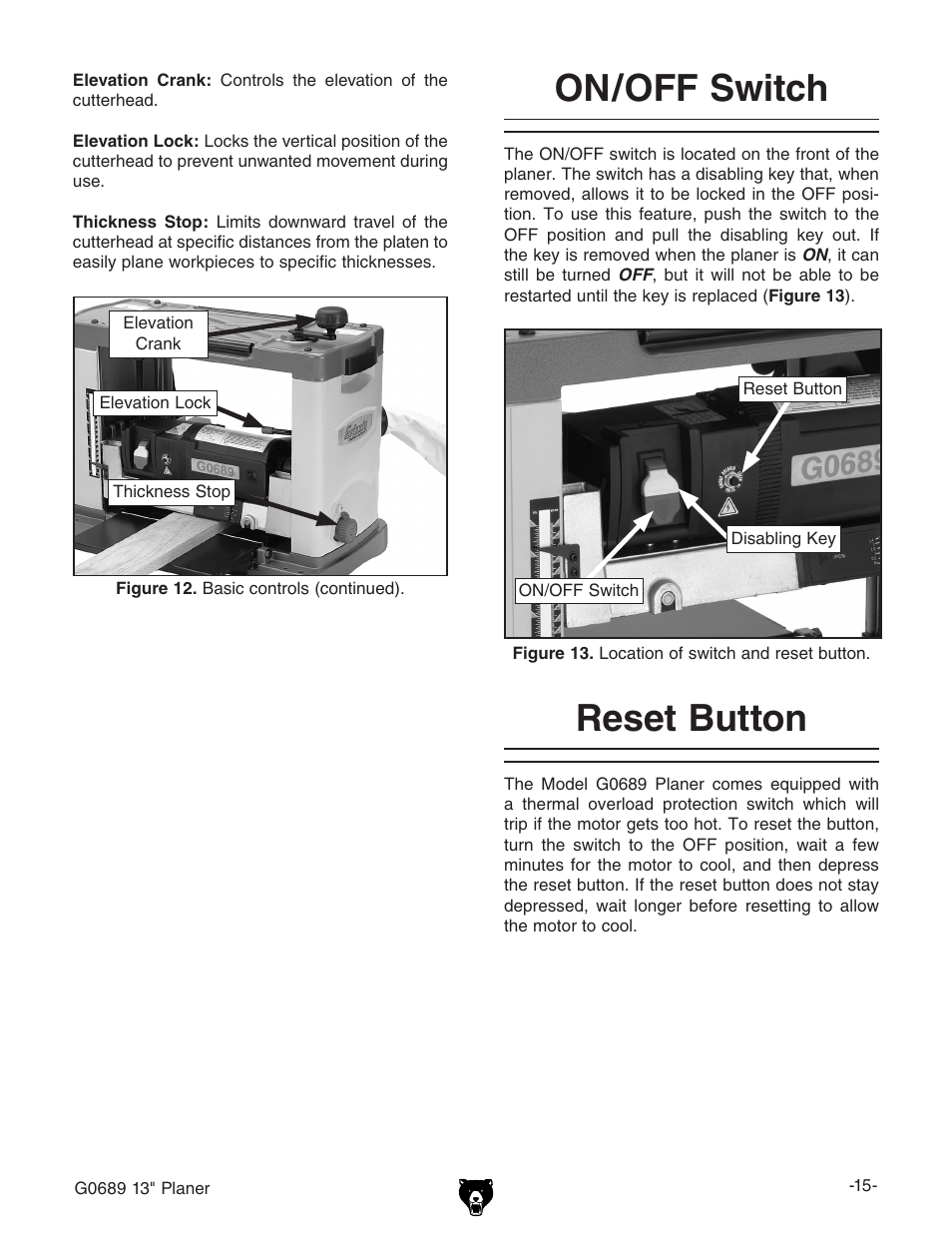 On/off switch, Reset button | Grizzly G0689 User Manual | Page 17 / 44