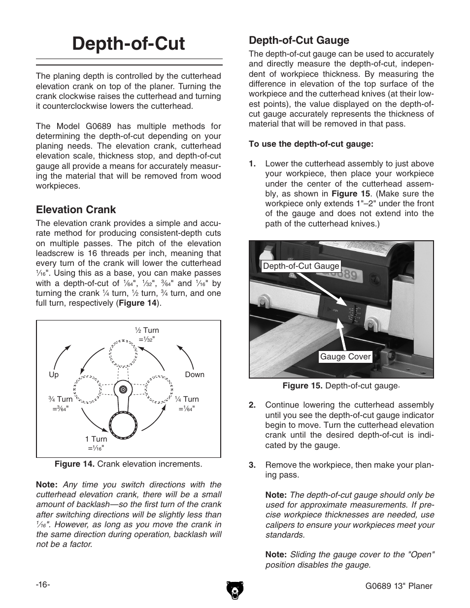 Depth-of-cut, Elevation crank, Depth-of-cut gauge | Grizzly G0689 User Manual | Page 18 / 44