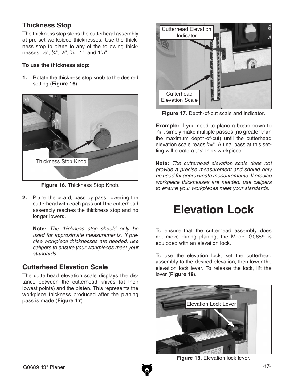 Elevation lock, Cutterhead elevation scale, Thickness stop | Grizzly G0689 User Manual | Page 19 / 44