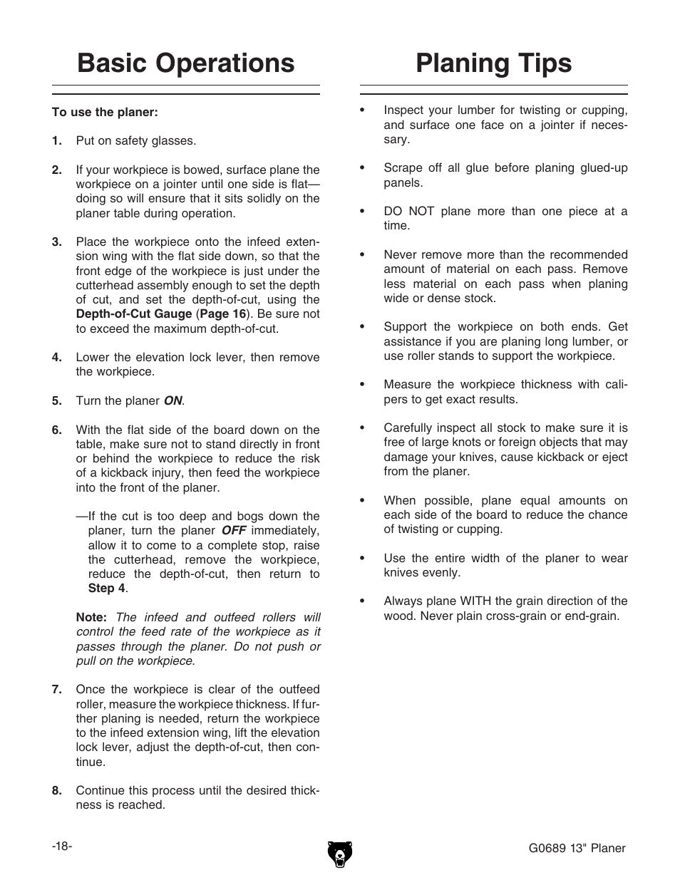 Planing tips basic operations | Grizzly G0689 User Manual | Page 20 / 44