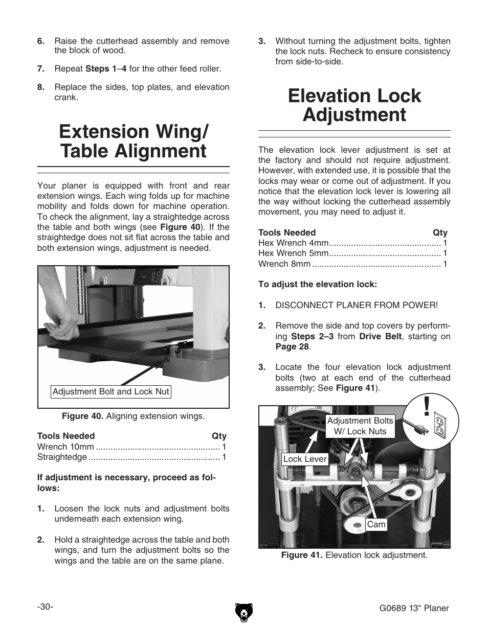 Extension wing/ table alignment, Elevation lock adjustment | Grizzly G0689 User Manual | Page 32 / 44