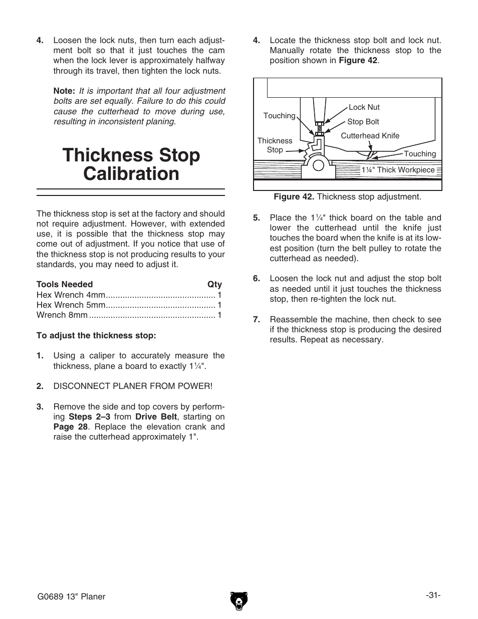 Thickness stop calibration | Grizzly G0689 User Manual | Page 33 / 44