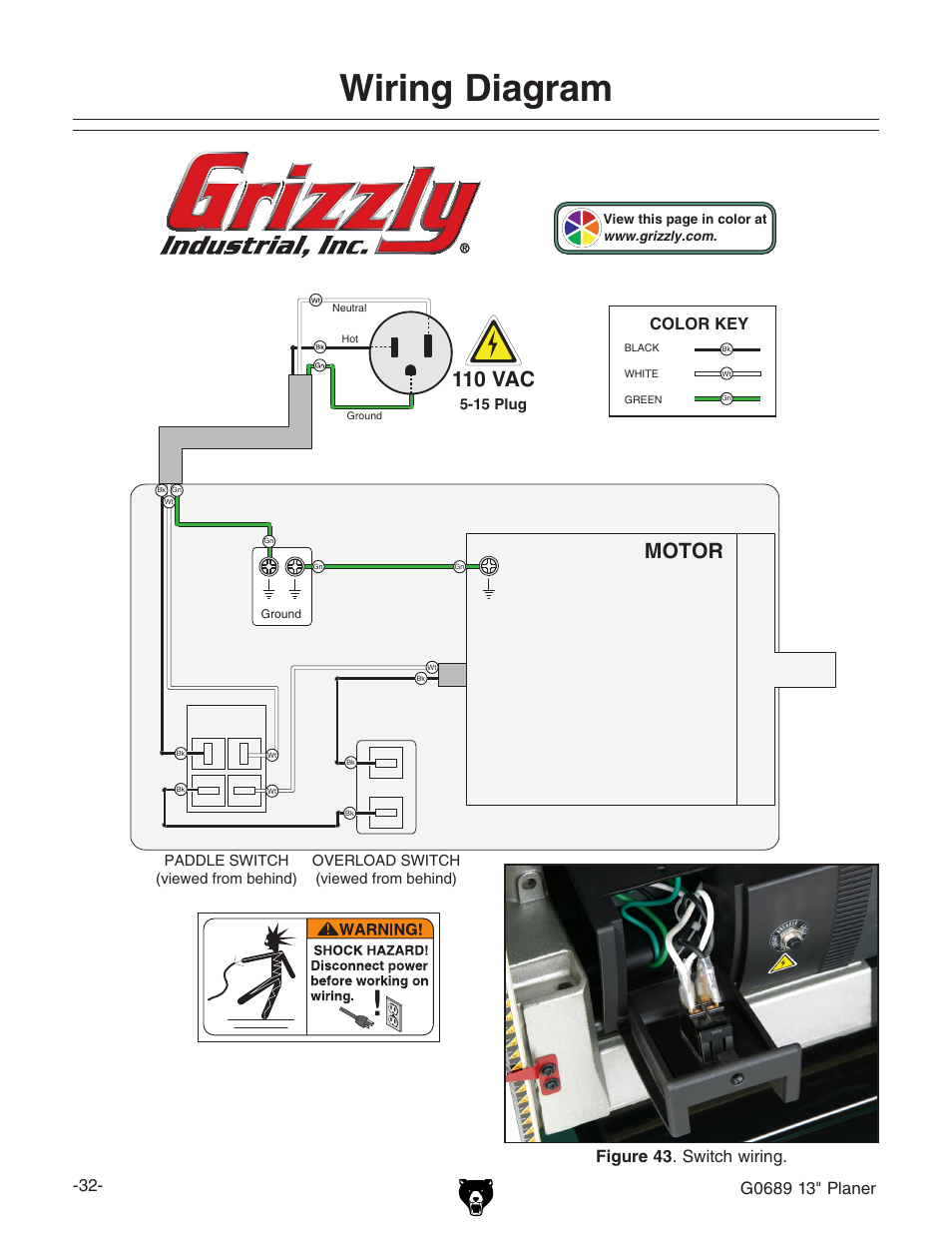 Wiring diagram, Motor, 110 vac | Figure 43 . switch wiring, Color key | Grizzly G0689 User Manual | Page 34 / 44