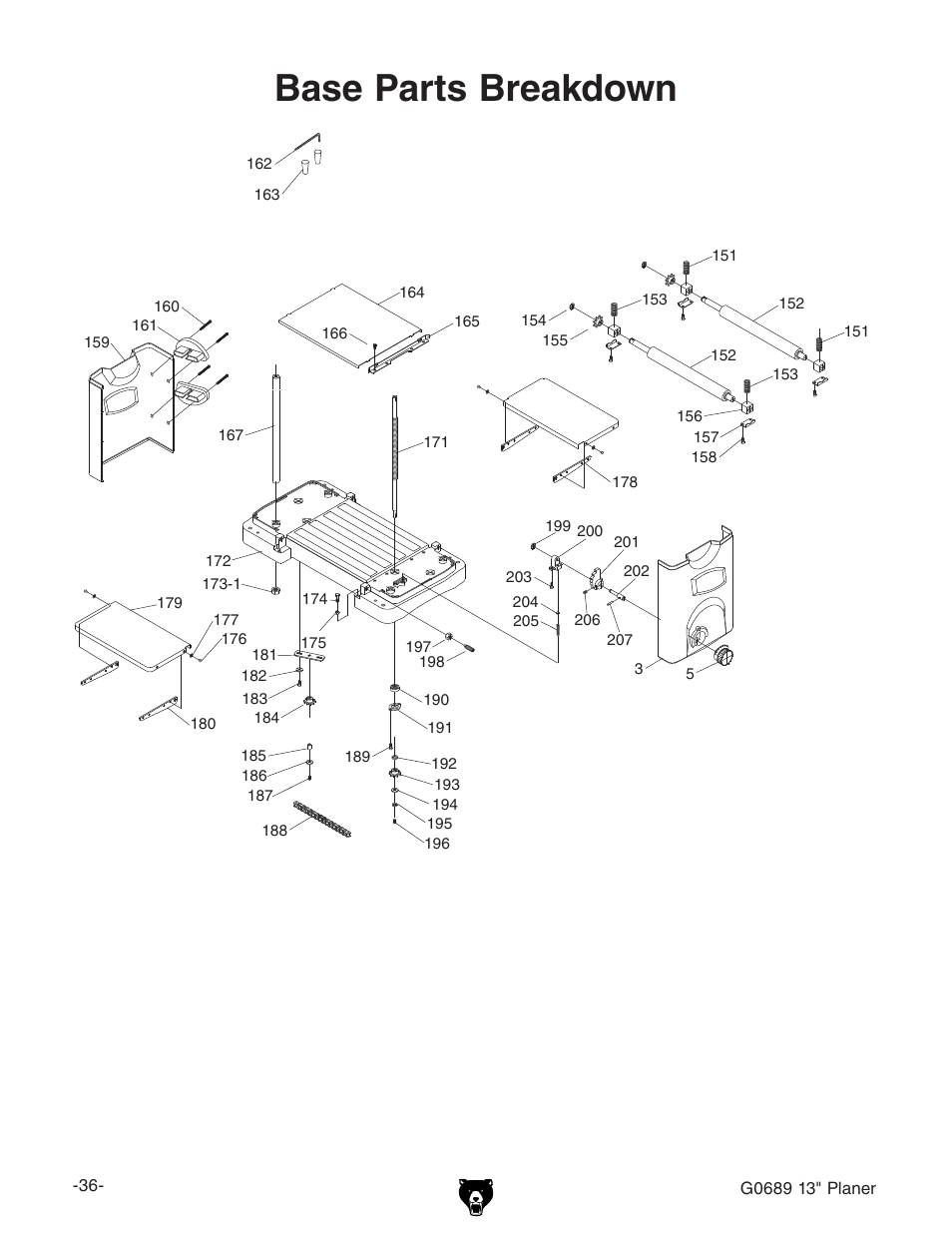 Base parts breakdown | Grizzly G0689 User Manual | Page 38 / 44